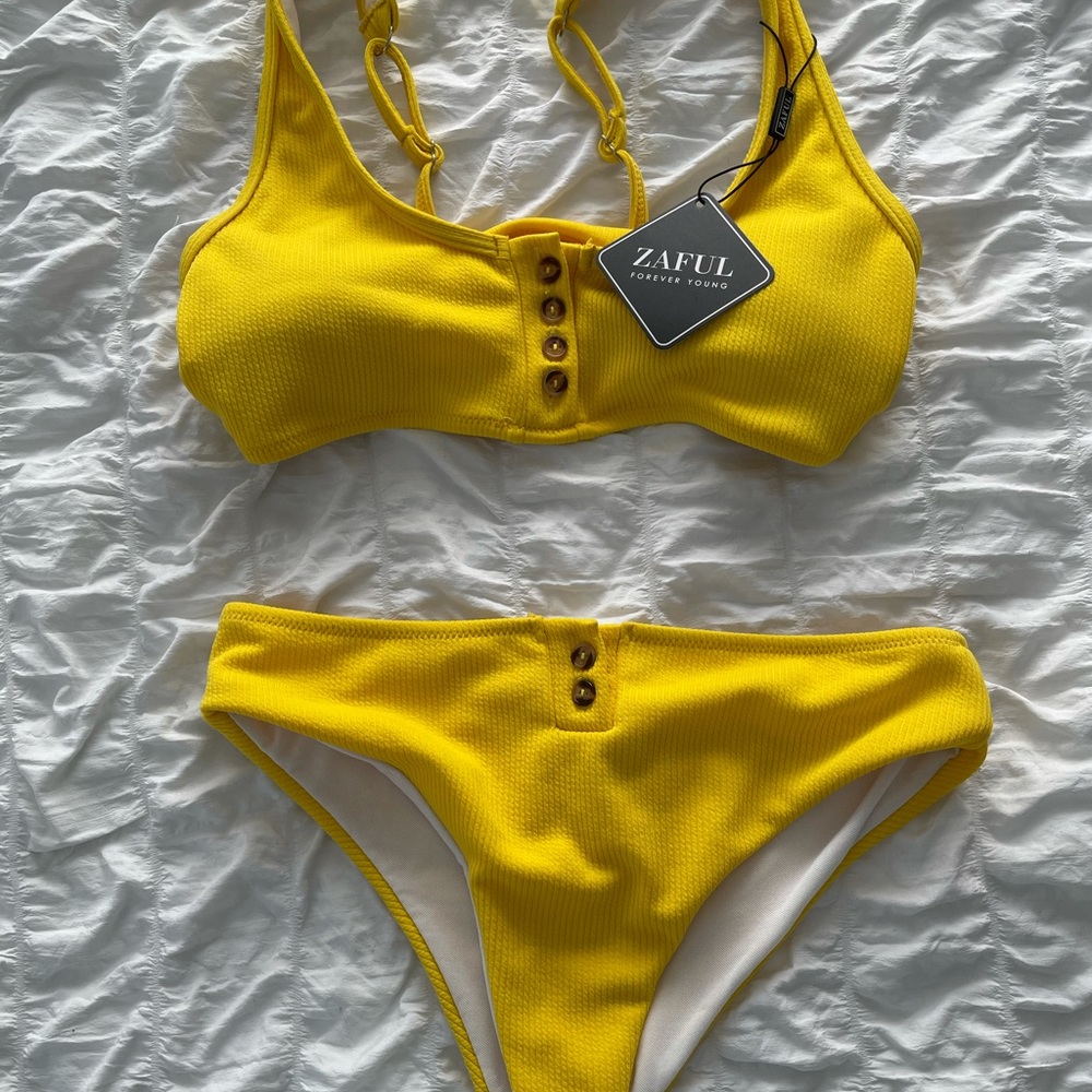 yellow two-piece swim suit